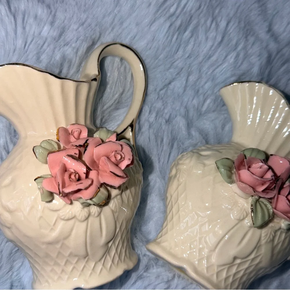 Vintage Porcelain Pink Rose Pitcher Vases Lattice Pattern Gold Trim Collectible